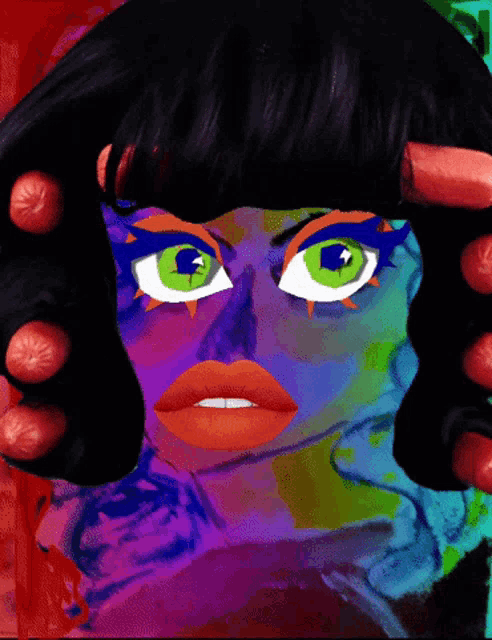 a painting of a woman 's face with green eyes and orange lips