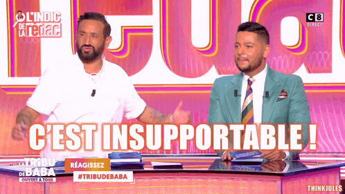 two men sitting at a table with the words " c'est insupportable " written on the screen