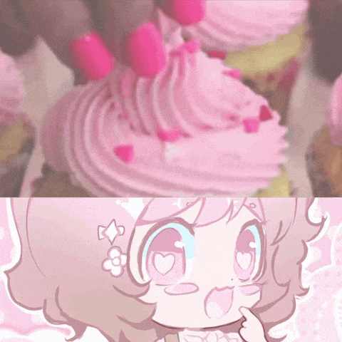 a close up of a cupcake with pink frosting next to a drawing of a girl