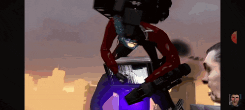 a video game screen shows a man talking to another man and a robot