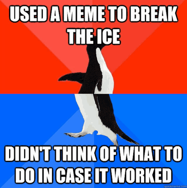 a meme that says used a meme to break the ice didn t think of what to do in case it worked