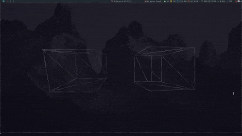 a computer screen with a mountain in the background and two boxes on it
