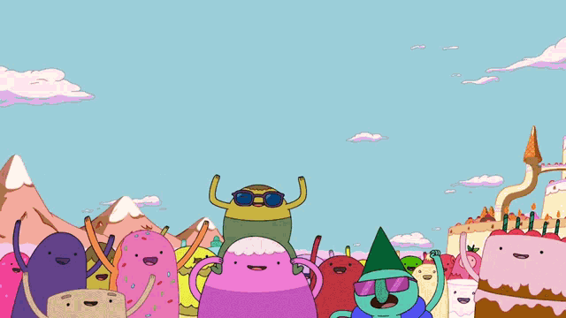 a group of cartoon characters are standing in front of a cake with candles
