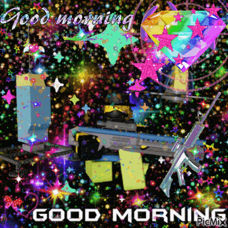 a colorful good morning greeting card with a gun
