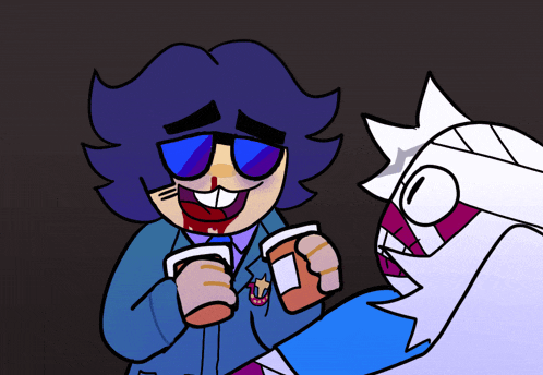 a cartoon character with purple hair and blue sunglasses holds a bottle of pills