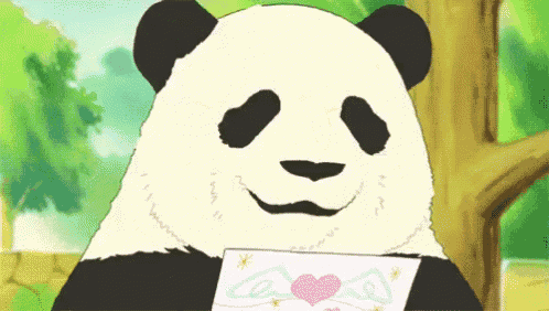 a panda bear is holding a piece of paper with a heart on it .