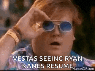 a man wearing sunglasses is looking through binoculars and says `` vestas seeing ryan kanes resume ''