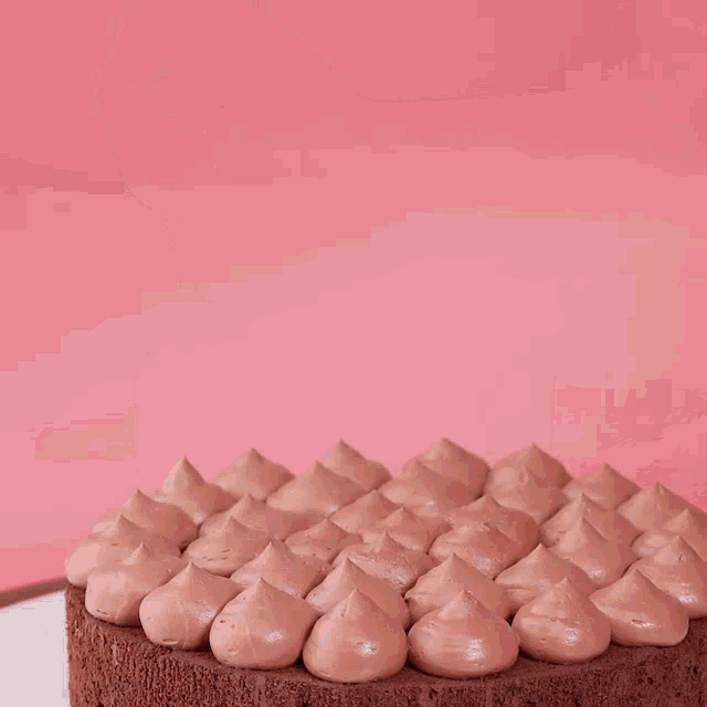 a person is frosting a chocolate cake on a pink surface
