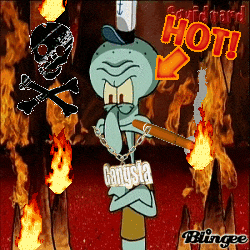 a picture of squidward from spongebob holding a bat with the word gangsta on it