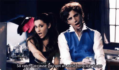 a man and a woman are sitting next to each other and the man says so catch up cause you got an awful long way