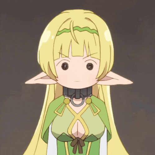 a cartoon girl with long blonde hair and green clothes has a collar around her neck