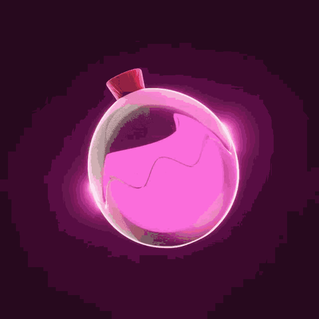 a bottle of pink liquid with a red cap on a dark purple background