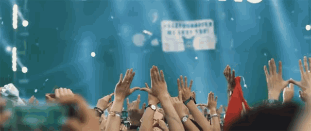 a crowd of people raising their hands in the air with a sign in the background that says sleepygrafter