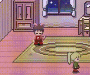 a girl is standing on a rug in a video game .