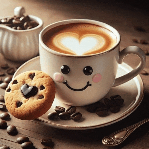 a cup of coffee with a smiling face on it