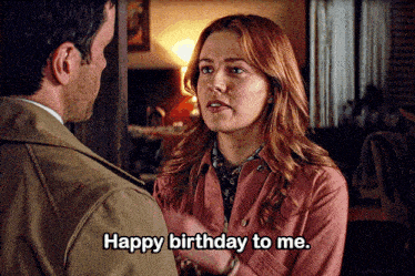a man and a woman are talking and the woman says happy birthday to me