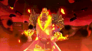 a video game character is surrounded by flames and smoke .