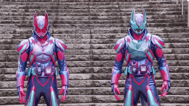 two robots are standing next to each other on a set of stairs .