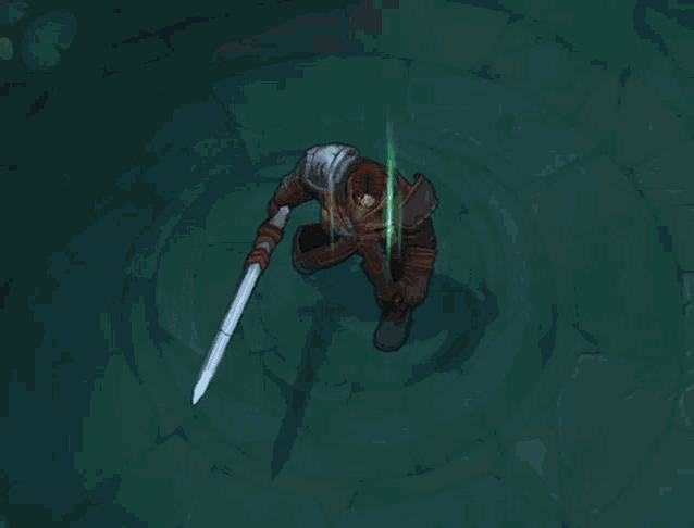 a man is holding a sword in a dark room