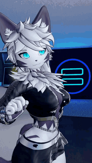 a furry character with blue eyes is standing in front of a blue circle