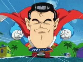 a man in a superman cape is riding a skateboard down a road
