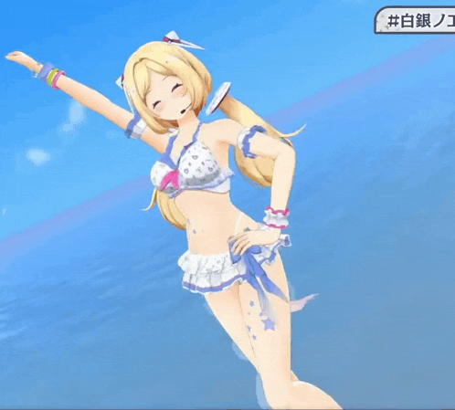a cartoon girl in a bikini is standing in front of the ocean with her arms outstretched