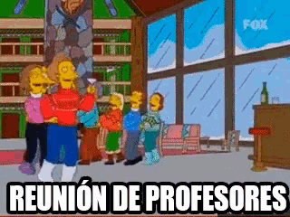 a group of cartoon characters are standing in a room with the words reunion de profesores in the corner