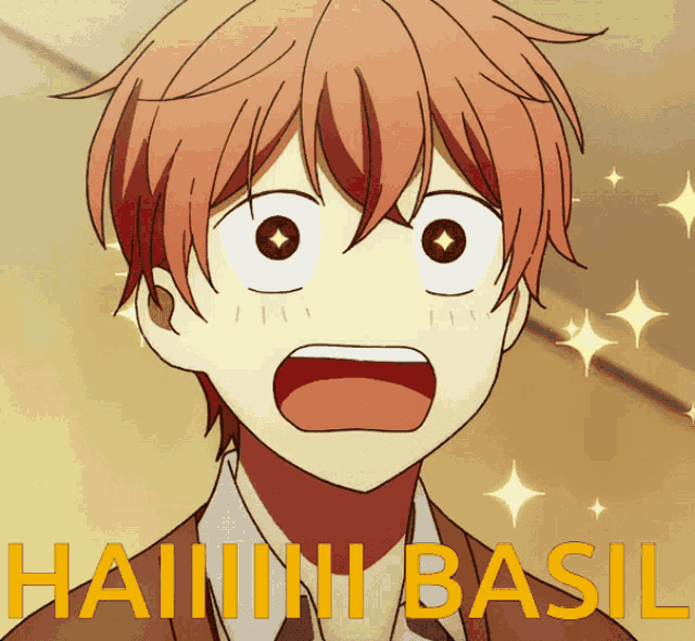 a cartoon of a boy with orange hair and the words haini basil on the bottom