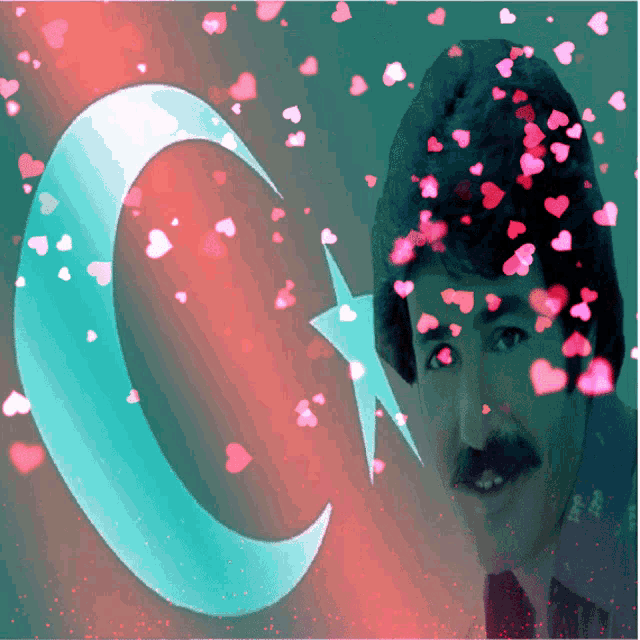 a man stands in front of a crescent moon and star