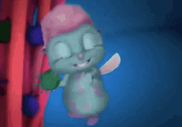 a cartoon character is holding a knife and smiling with its eyes closed