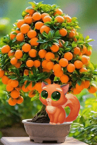 a cat is sitting next to a bonsai tree filled with oranges