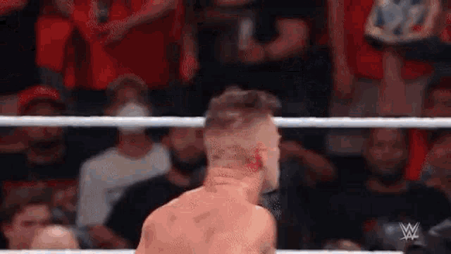 a man is standing in a wrestling ring with his back to the camera .