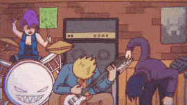 a cartoon of a band playing instruments including a drummer and a guitarist