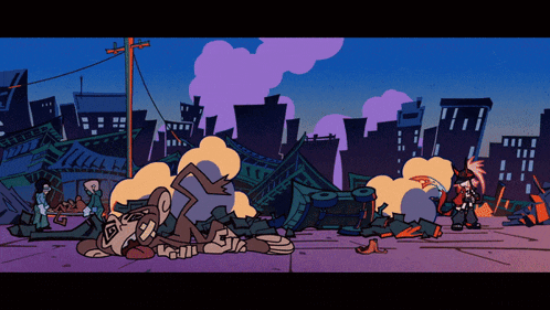 a cartoon of a monkey laying on the ground in a city