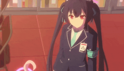 a girl in a suit has a name tag with the letter a on it