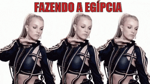 three women are dancing in front of a sign that says fazendo a egipcia