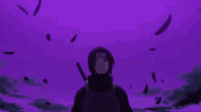 a man is standing in front of a purple sky with feathers flying around him .