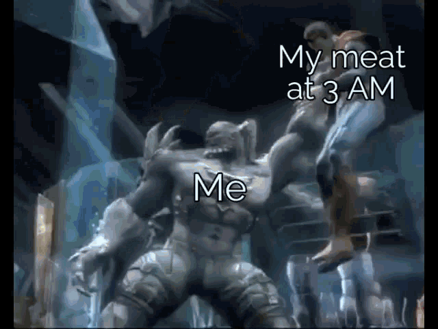 a statue of a man with the words " my meat at 3 am " on it
