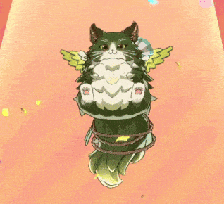 a green and white cat with wings is tied up with rope