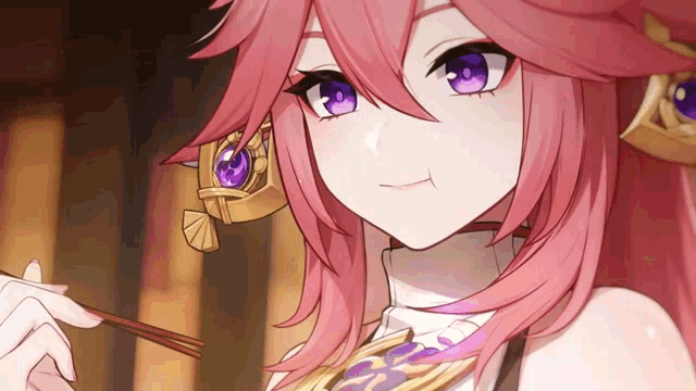 a girl with long pink hair and purple eyes is holding chopsticks