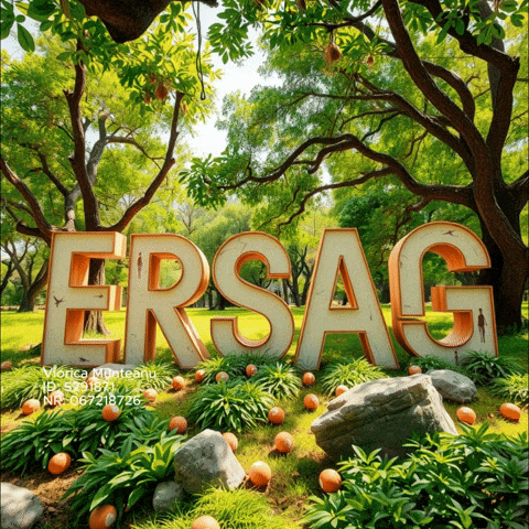the word ersag is surrounded by trees and rocks in a garden
