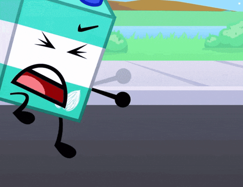 a carton of milk with a face and arms is running down a street