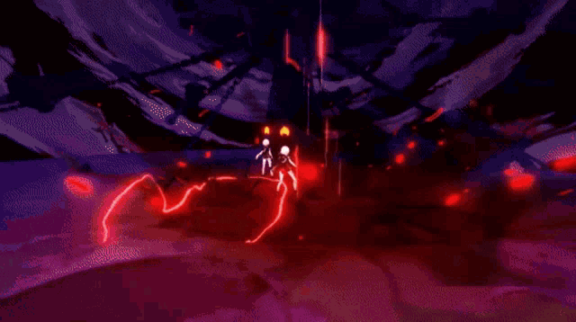 a person is holding a sword in a dark room with a red lightning bolt coming from it .