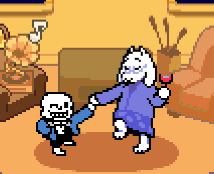 a pixel art drawing of sans and toriel dancing