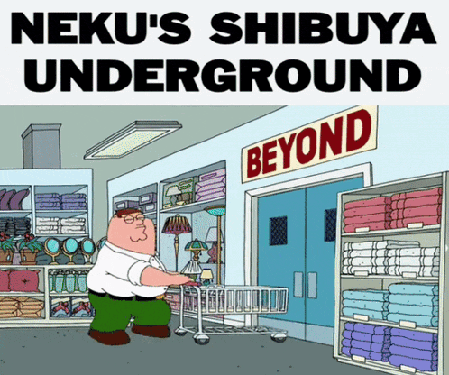 a cartoon of peter griffin pushing a shopping cart in a store with a sign that says " beyond "