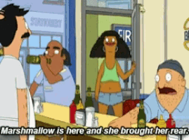 a cartoon says marshmallow is here and she brought her back