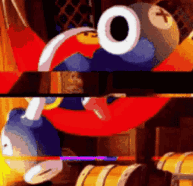 a pixelated image of a cartoon character with a large eye and a cross on it .