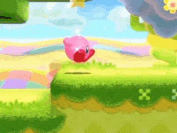 a pink cartoon character is flying through the air in a video game .
