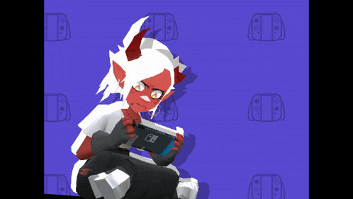 a cartoon character holding a nintendo switch