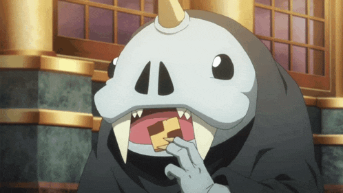 a cartoon character with a horn on his head eating something